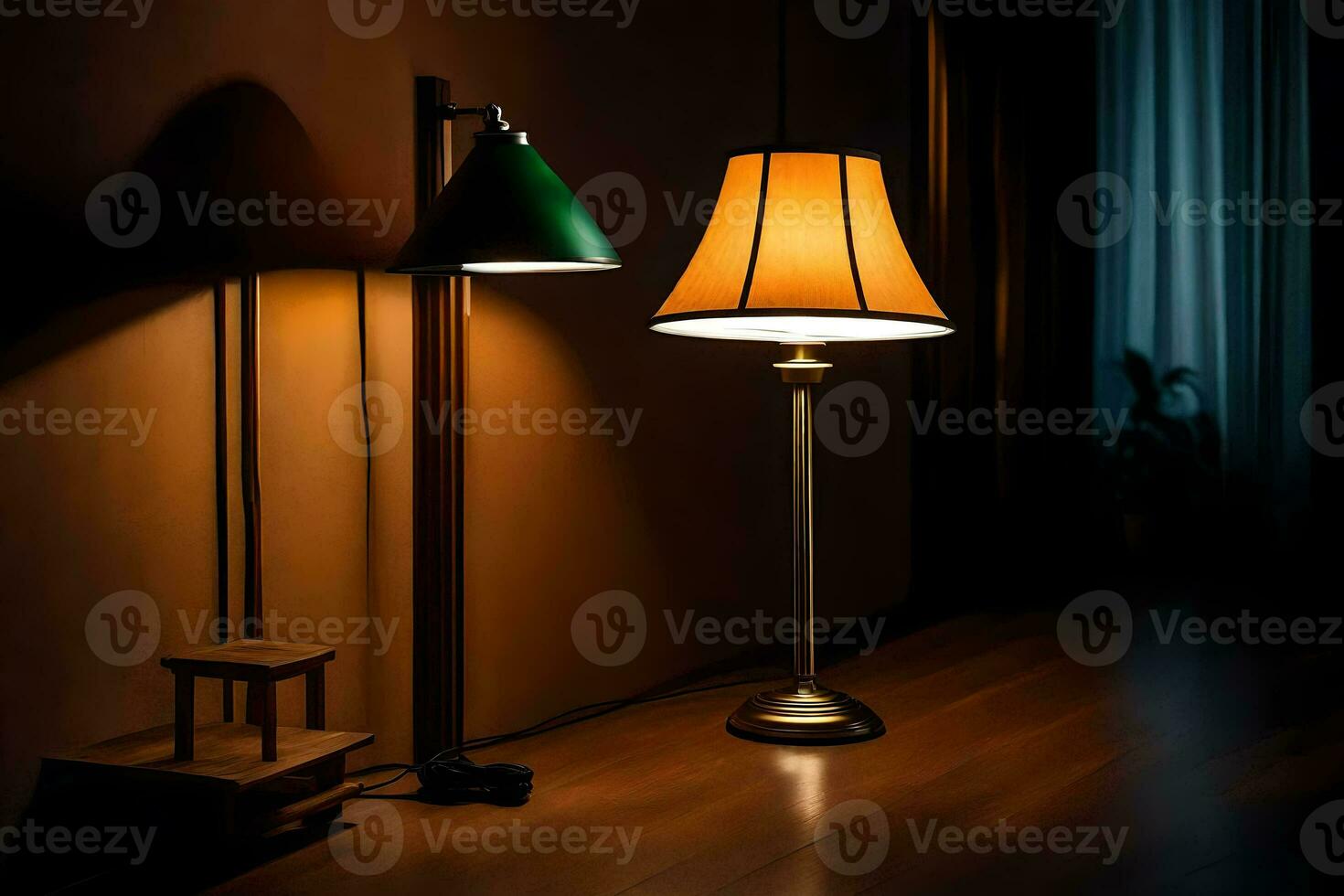 a lamp and a lamp stand in the dark. AI-Generated photo