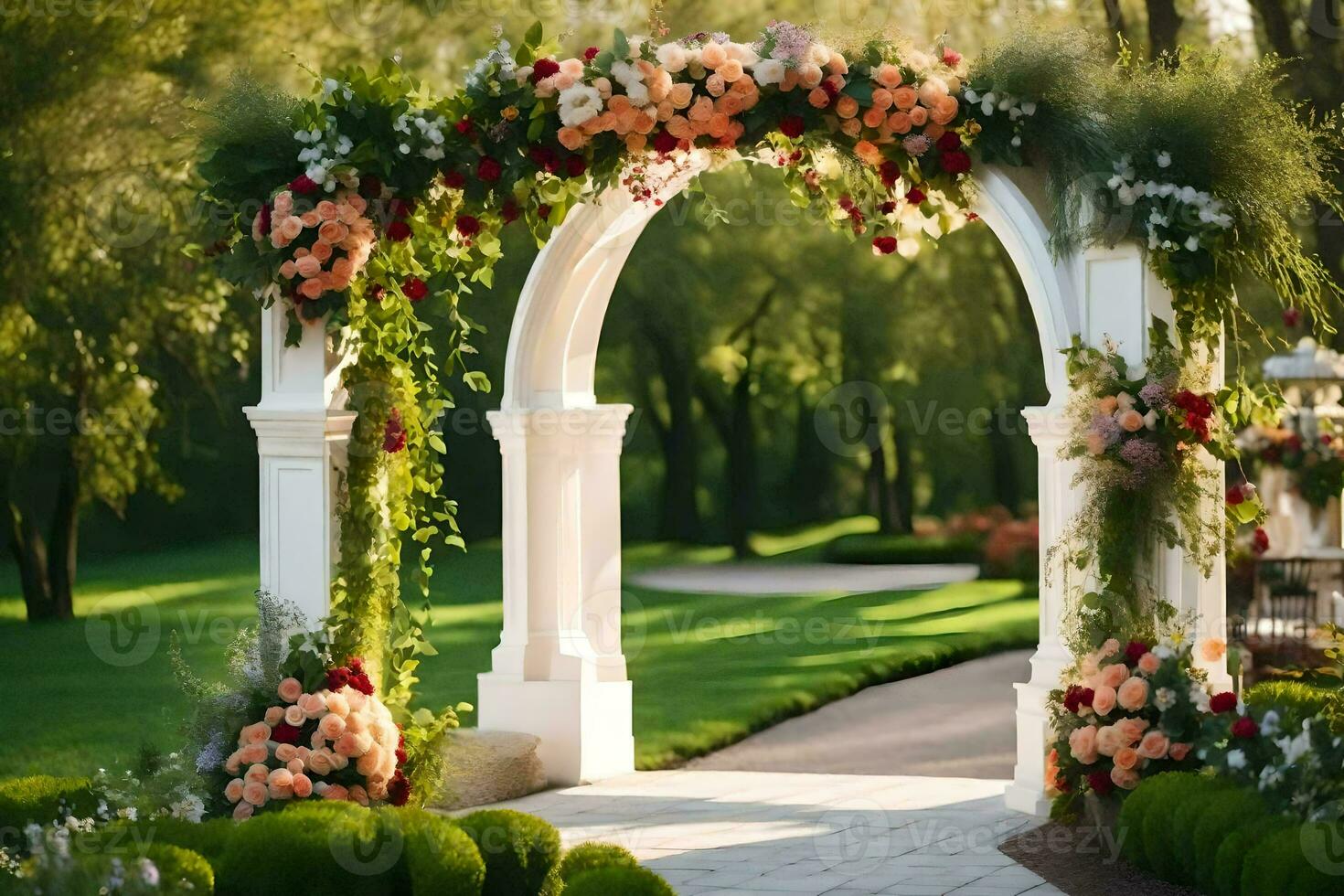 un Boda arco con flores y verdor. generado por ai foto