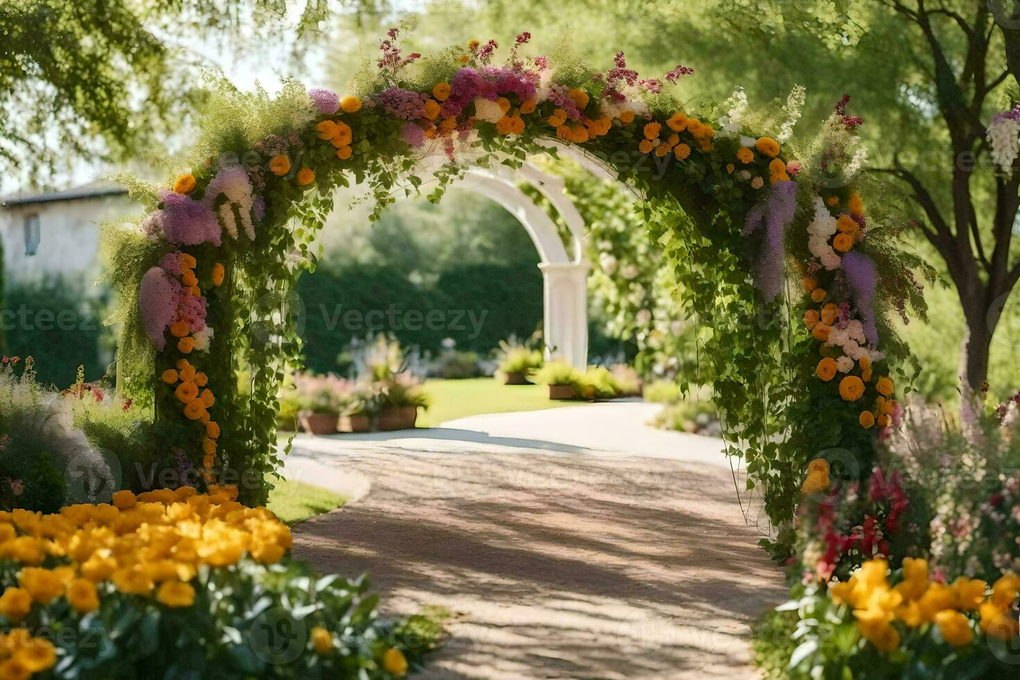 an archway with flowers and greenery in the background. AI-Generated photo
