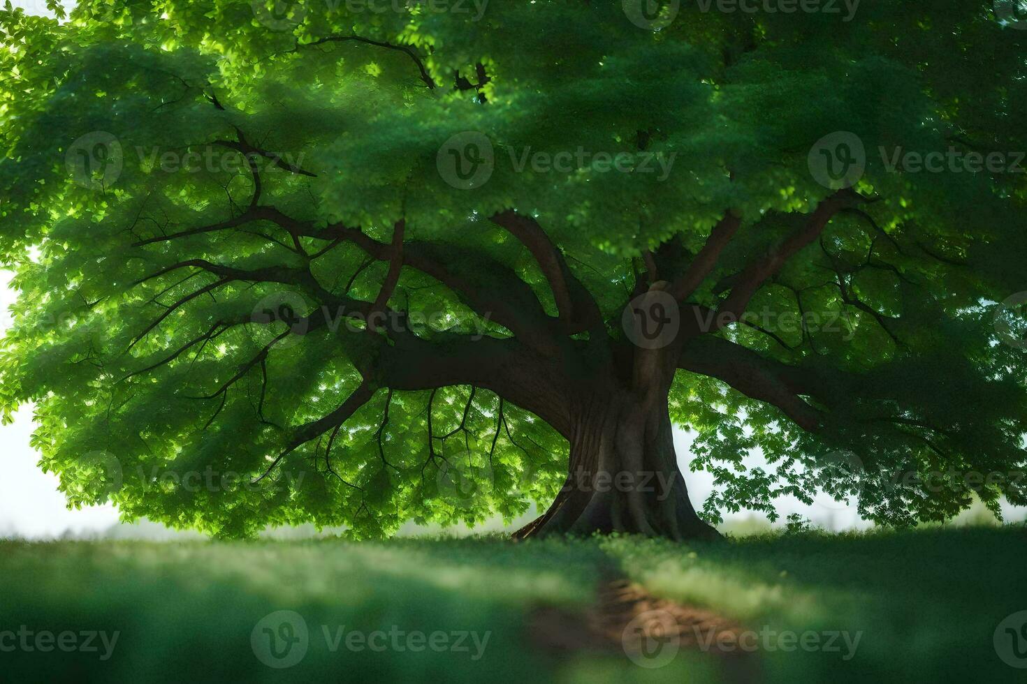 a large tree is standing in the middle of a field. AI-Generated photo
