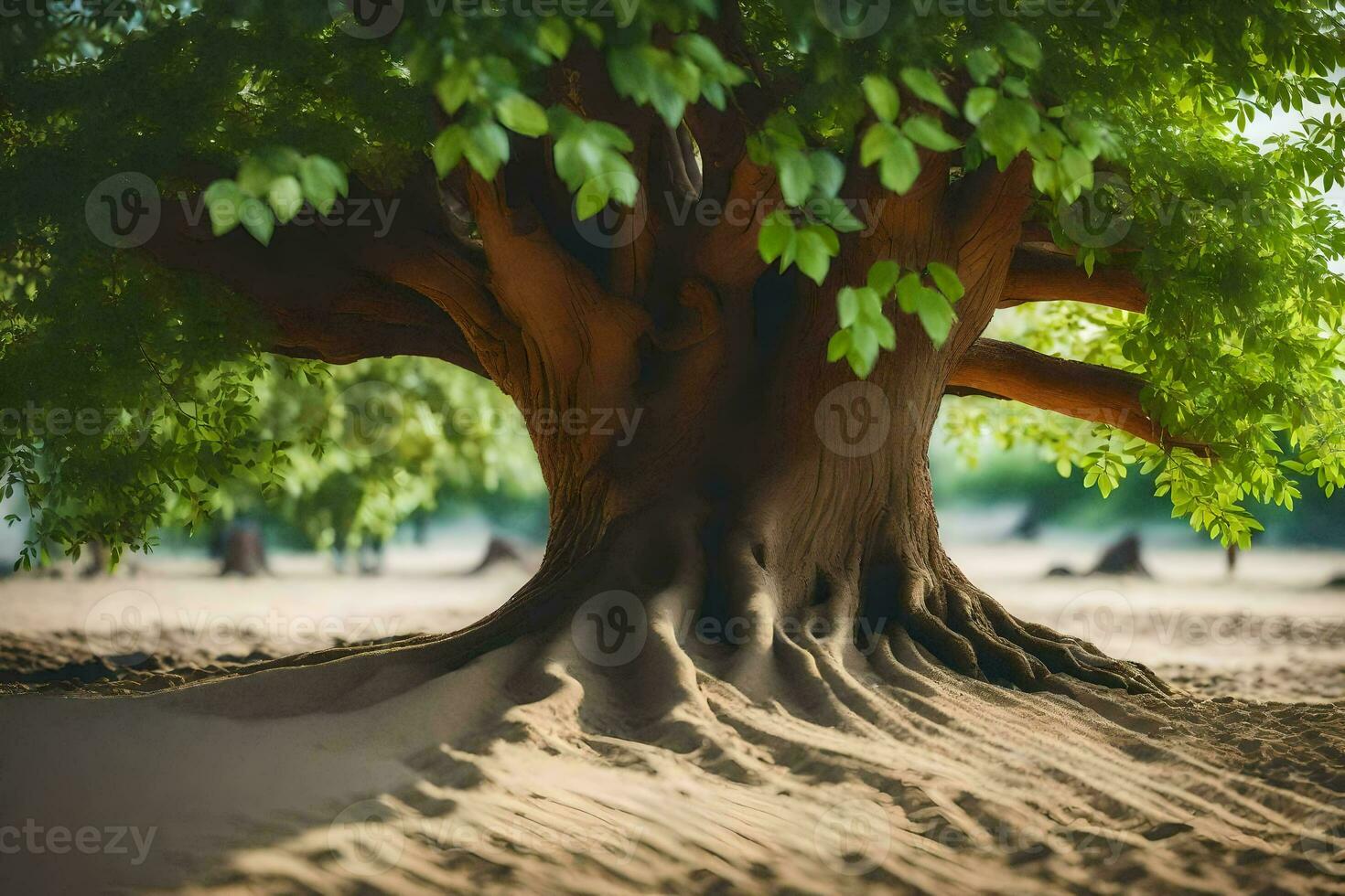a tree with roots in the sand. AI-Generated photo