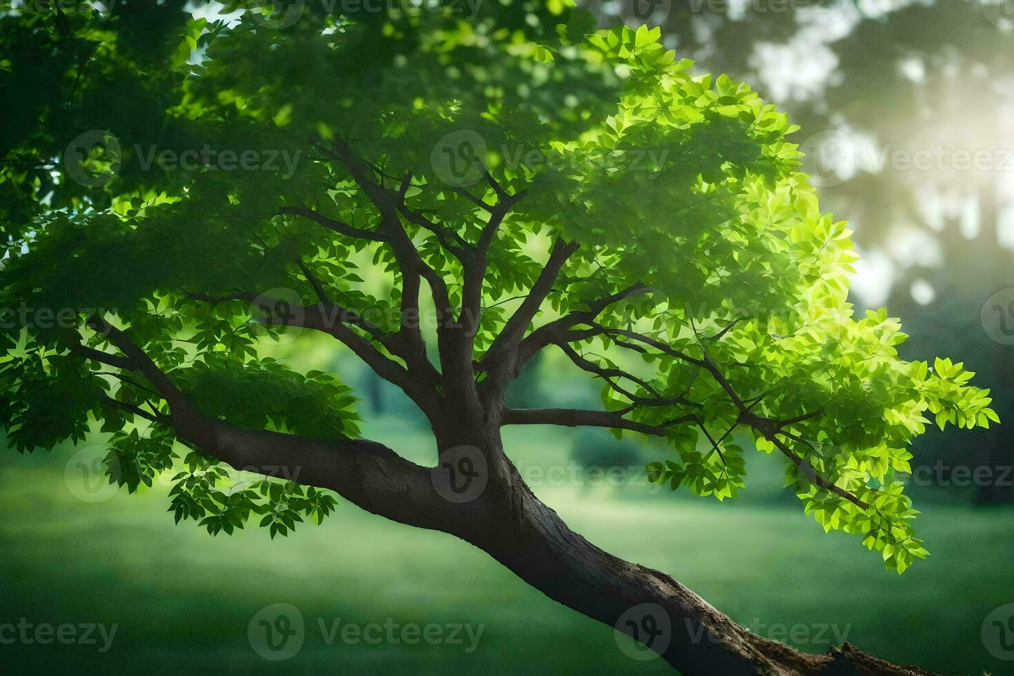 un árbol es mostrado en el medio de un campo. generado por ai foto