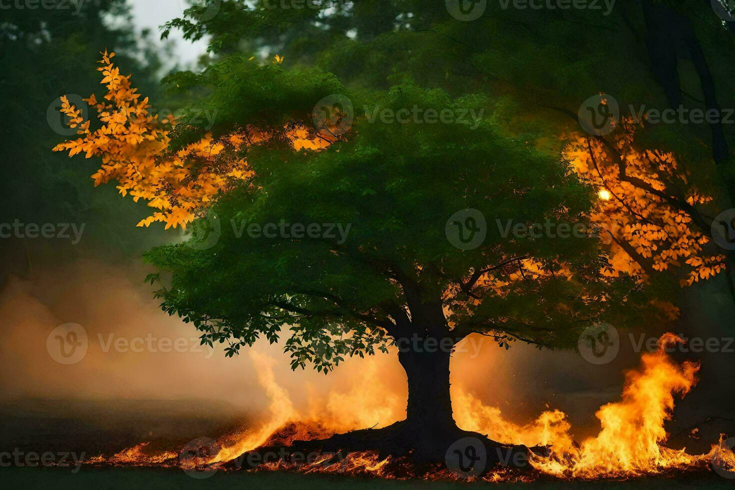 a tree is burning in the middle of a field. AI-Generated photo