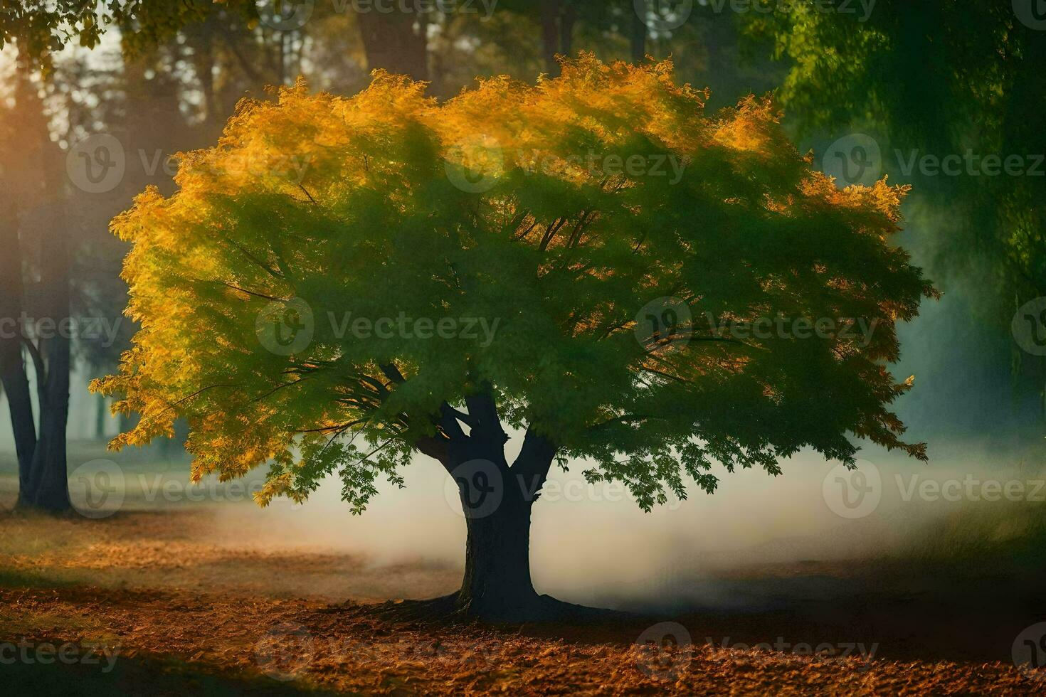 a tree in the middle of a field with smoke coming from it. AI-Generated photo