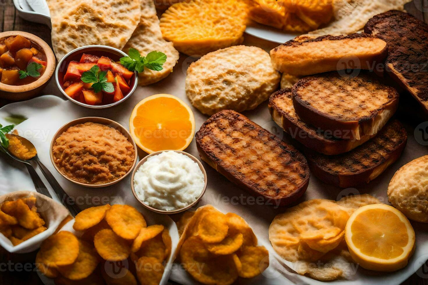an assortment of food on a wooden table. AI-Generated photo
