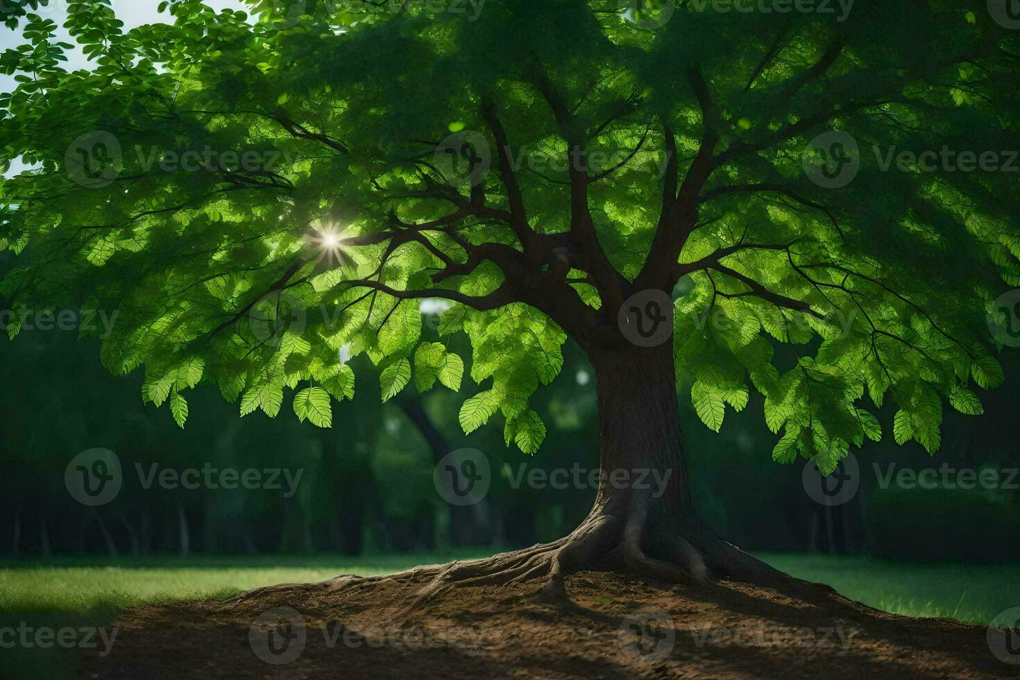 a tree with roots in the ground and sunlight shining through the leaves. AI-Generated photo