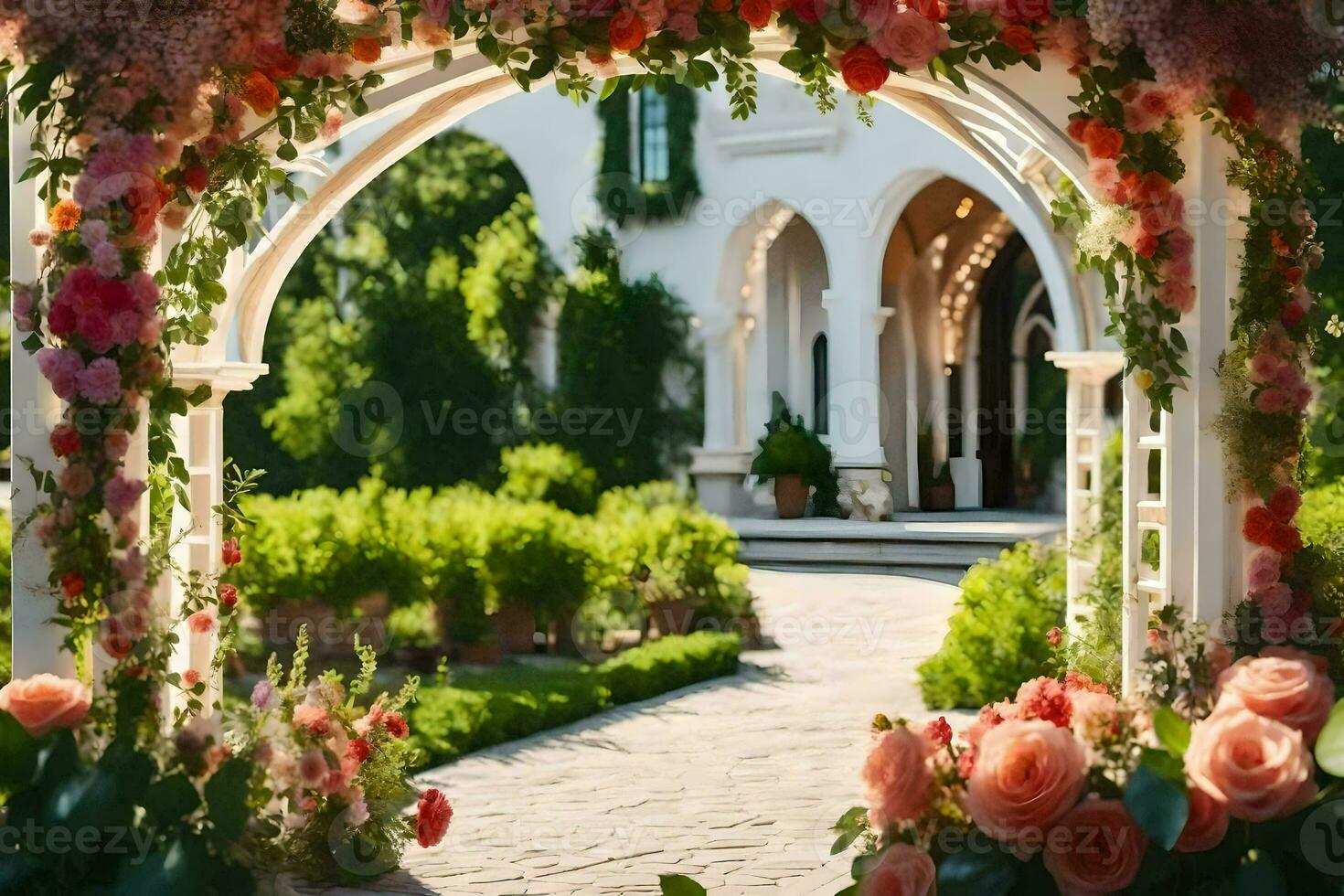 un hermosa arco con flores y verdor. generado por ai foto