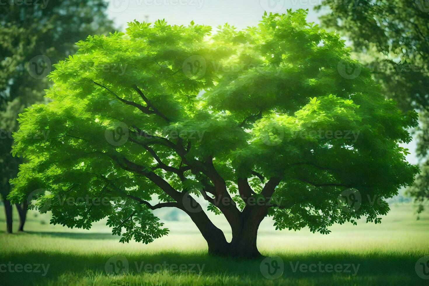 a large tree in a green field. AI-Generated photo