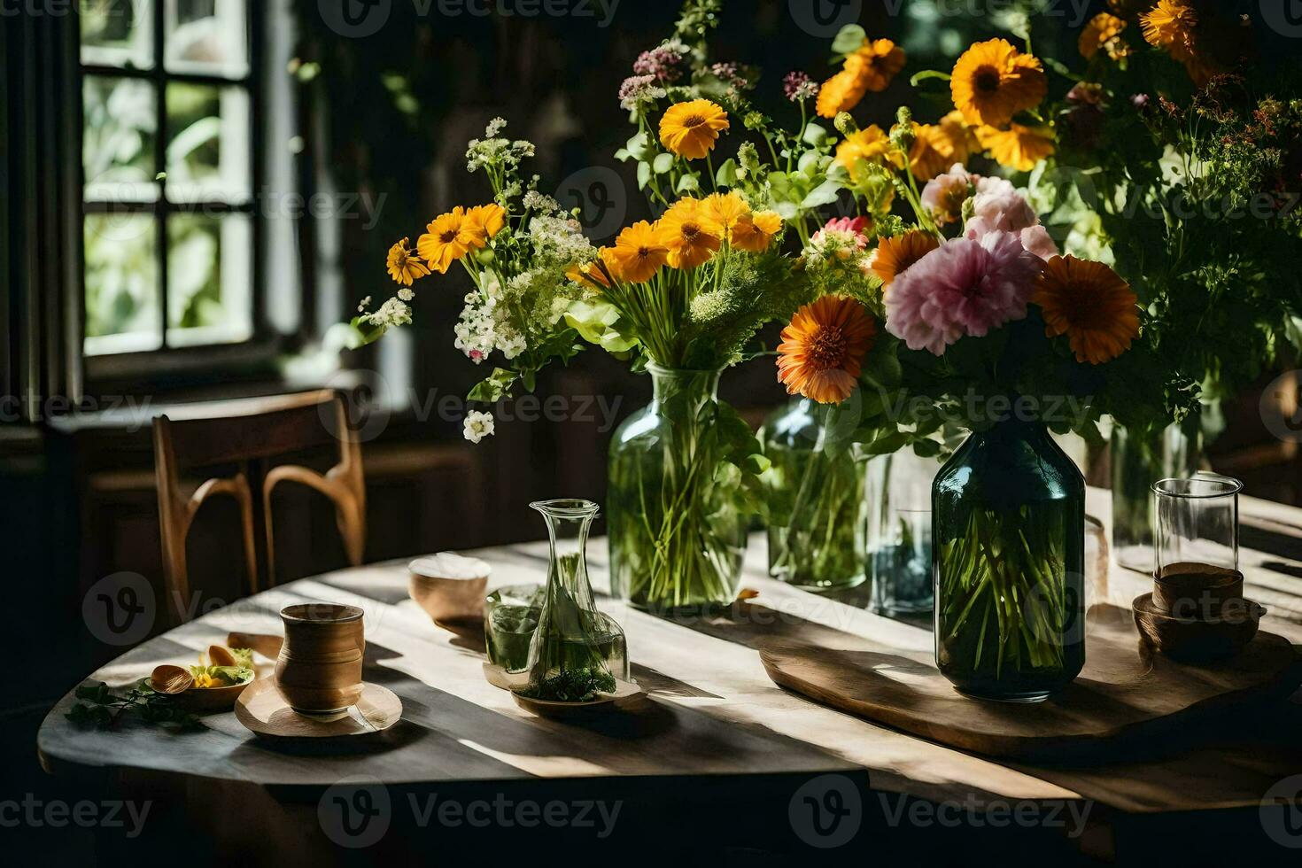 a table with flowers and vases on it. AI-Generated photo