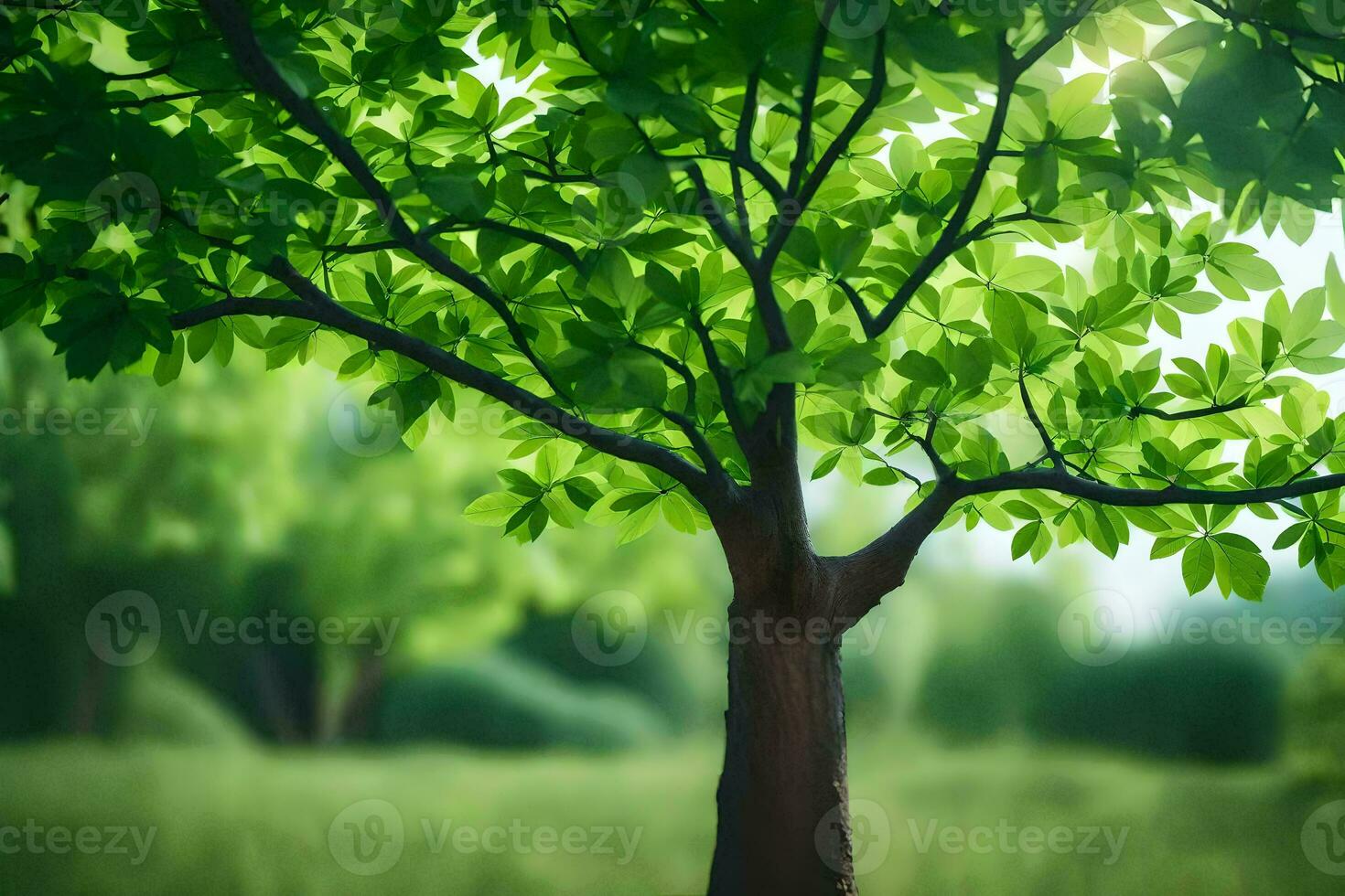a tree is shown in front of a green field. AI-Generated photo