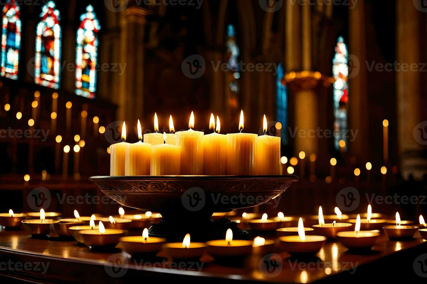 candles are lit in a church with candles in the background. AI-Generated photo