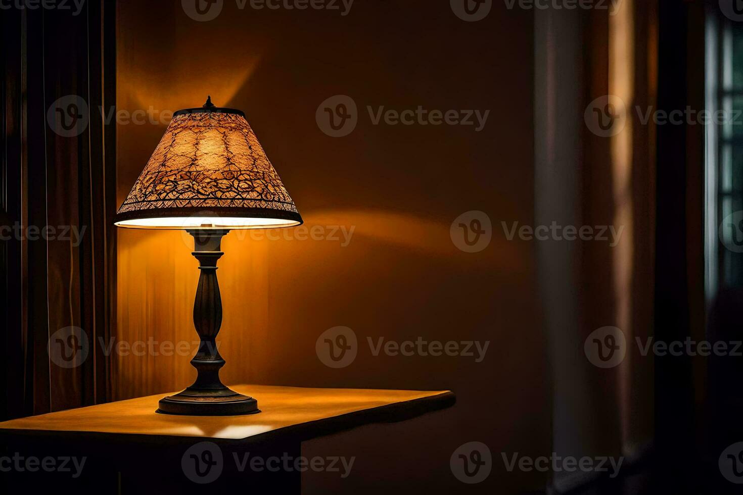 a lamp on a table in a dark room. AI-Generated photo