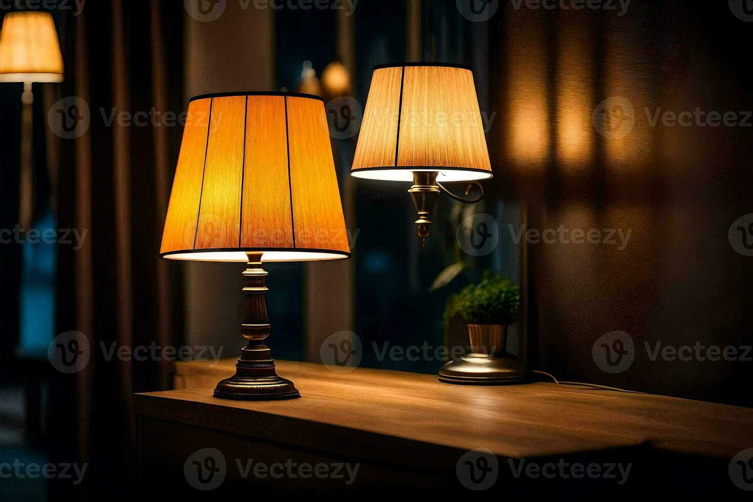 two lamps on a table in a room. AI-Generated photo