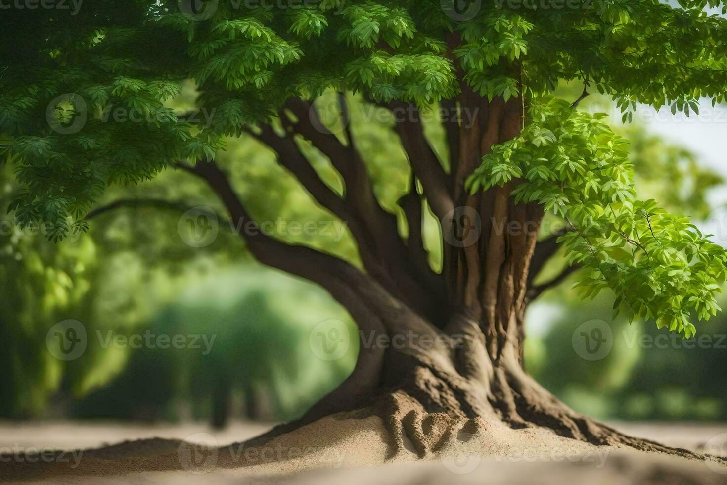 a tree with roots in the sand. AI-Generated photo