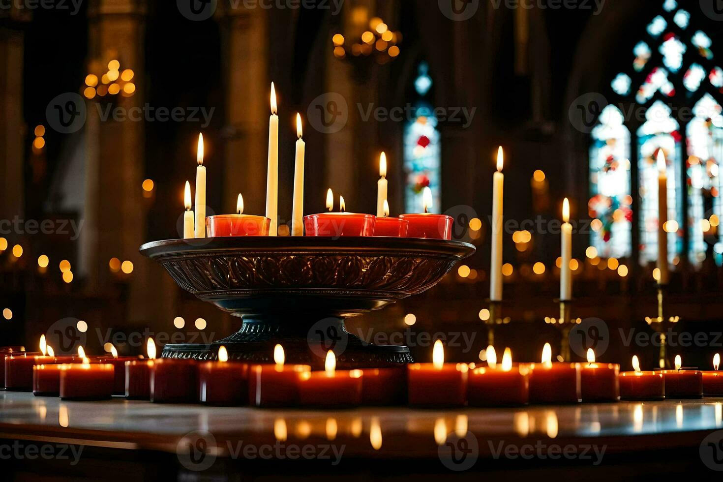 candles are lit in a church with candles in the background. AI-Generated photo