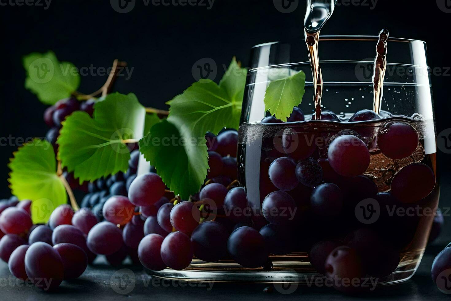 a glass of wine with grapes and leaves. AI-Generated photo