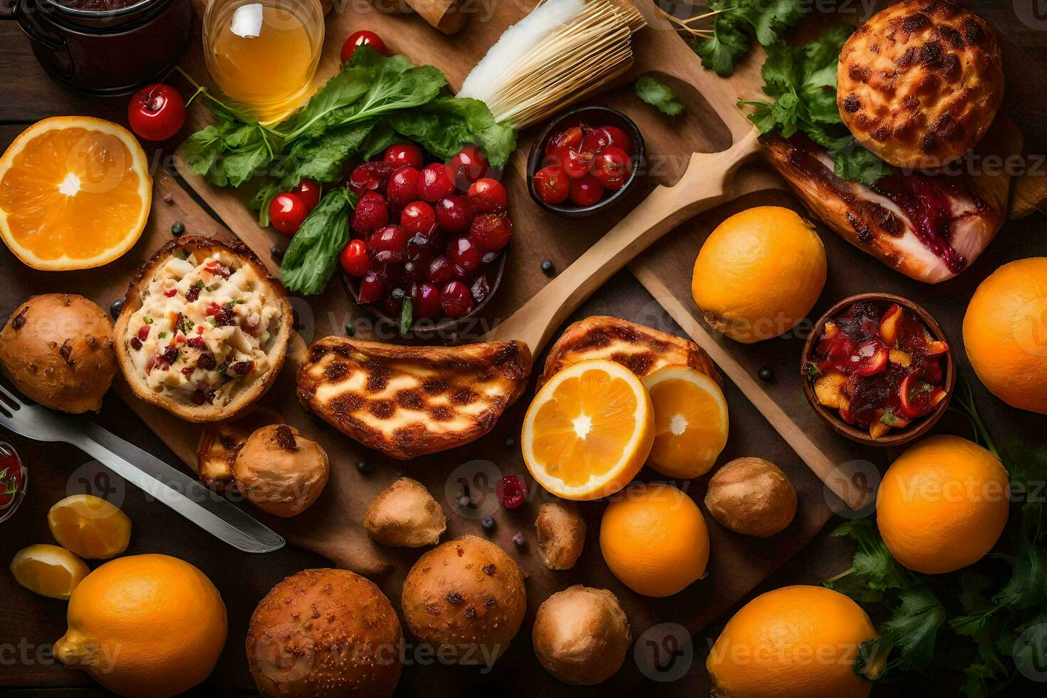 a variety of food items on a wooden table. AI-Generated photo