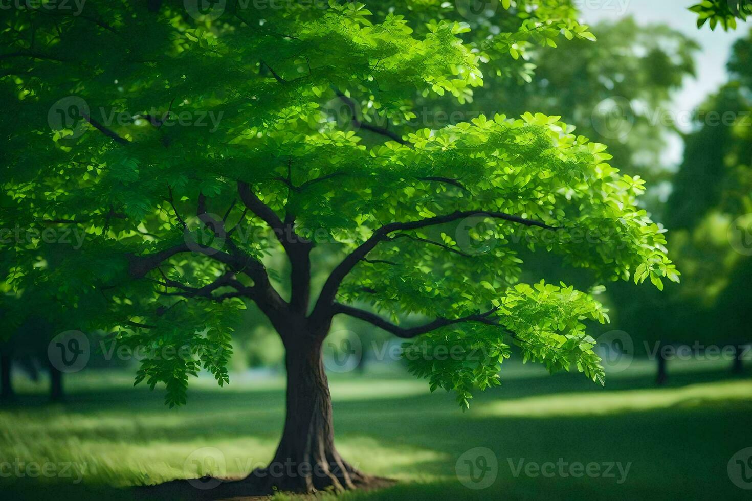un árbol en un verde campo con césped y arboles generado por ai foto