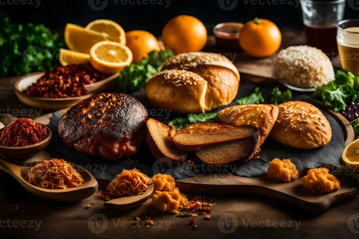 a variety of food on a wooden table. AI-Generated photo