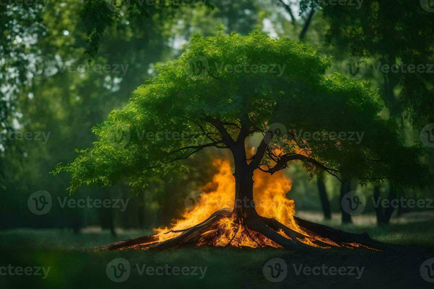 a tree with flames coming out of it in the middle of a forest. AI-Generated photo