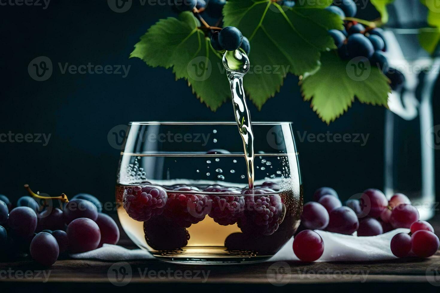 wine pouring into a glass of grapes. AI-Generated photo