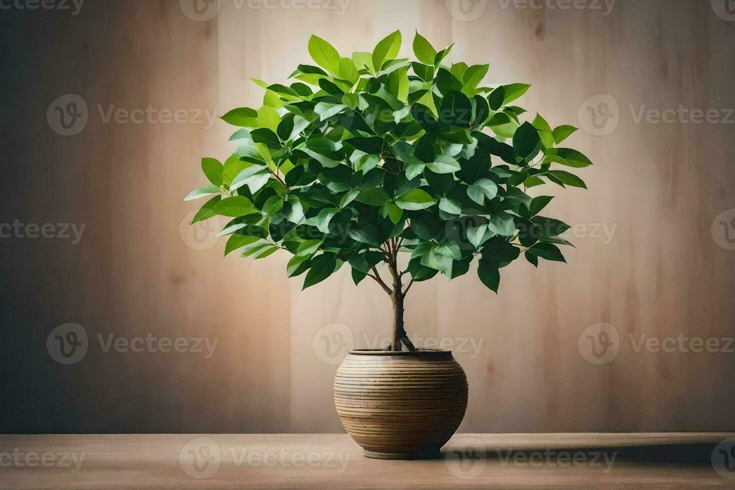 a small potted plant on a wooden table. AI-Generated photo