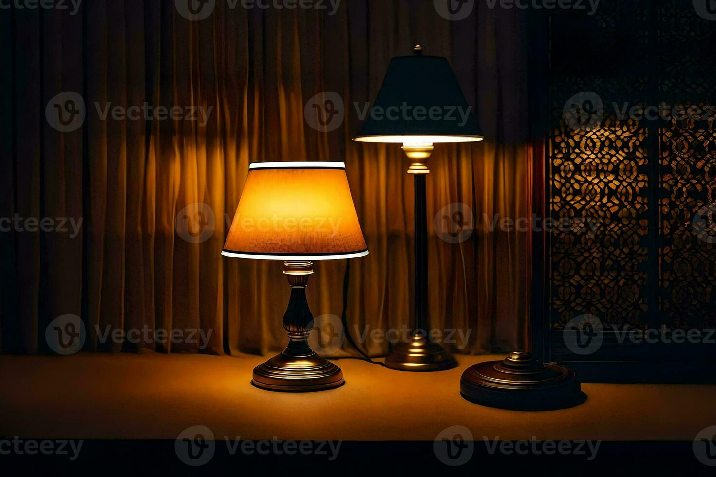 two lamps sit on a table in front of a curtain. AI-Generated photo