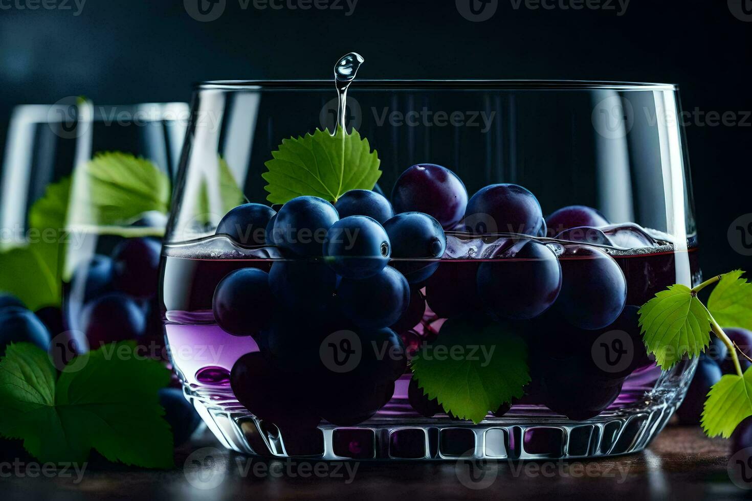 purple grapes in a glass with leaves. AI-Generated photo