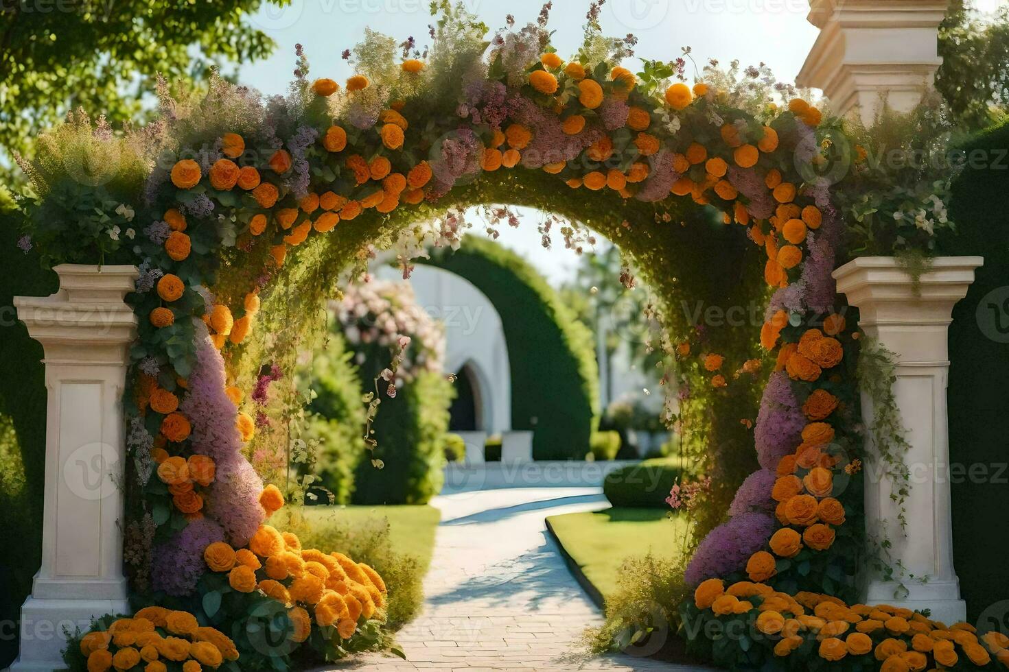 a flower archway decorated with orange flowers. AI-Generated photo