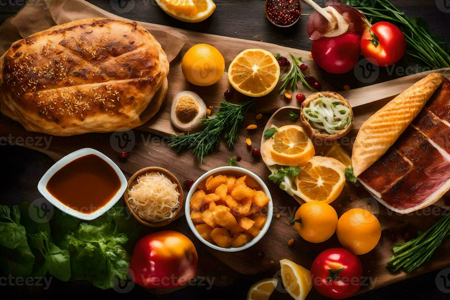 an assortment of food on a wooden table. AI-Generated photo