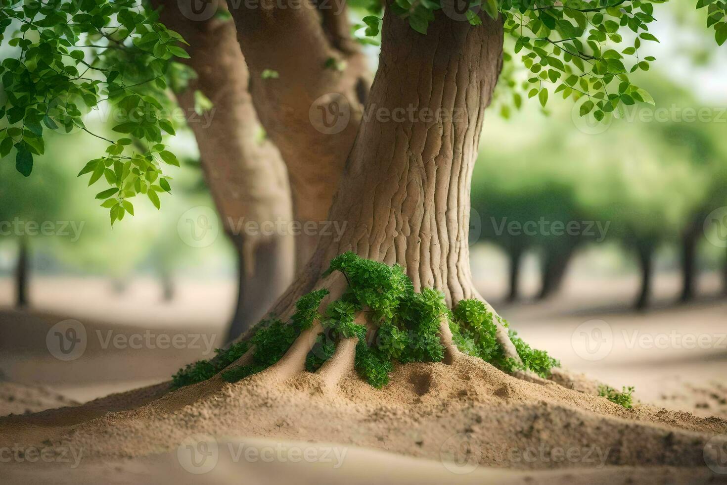 a tree with roots growing out of the sand. AI-Generated photo