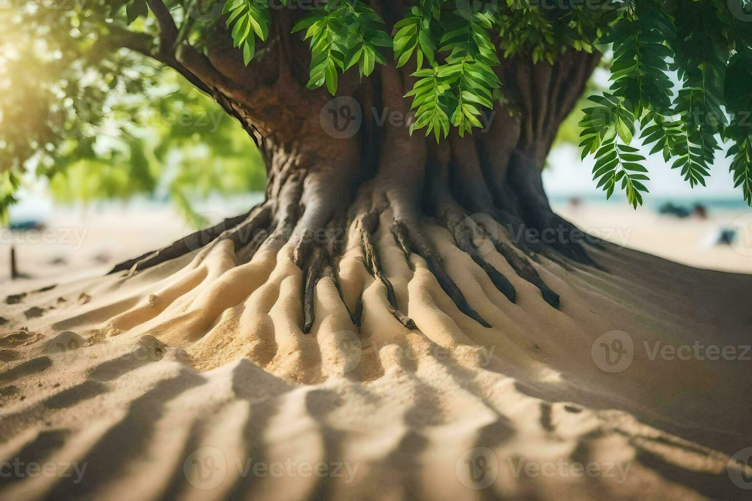 the tree roots are growing out of the sand. AI-Generated photo