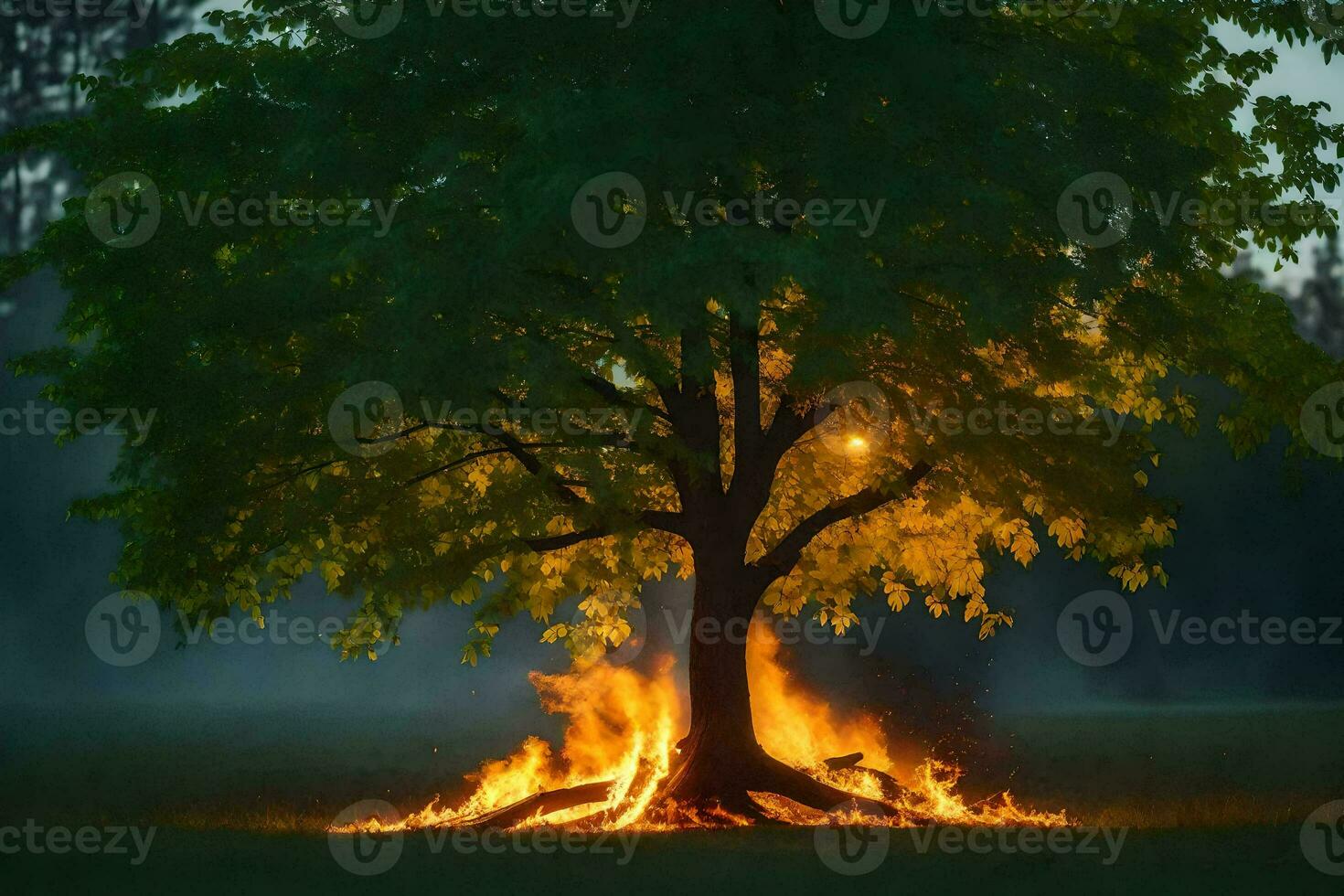 a tree with flames around it in the middle of a field. AI-Generated photo