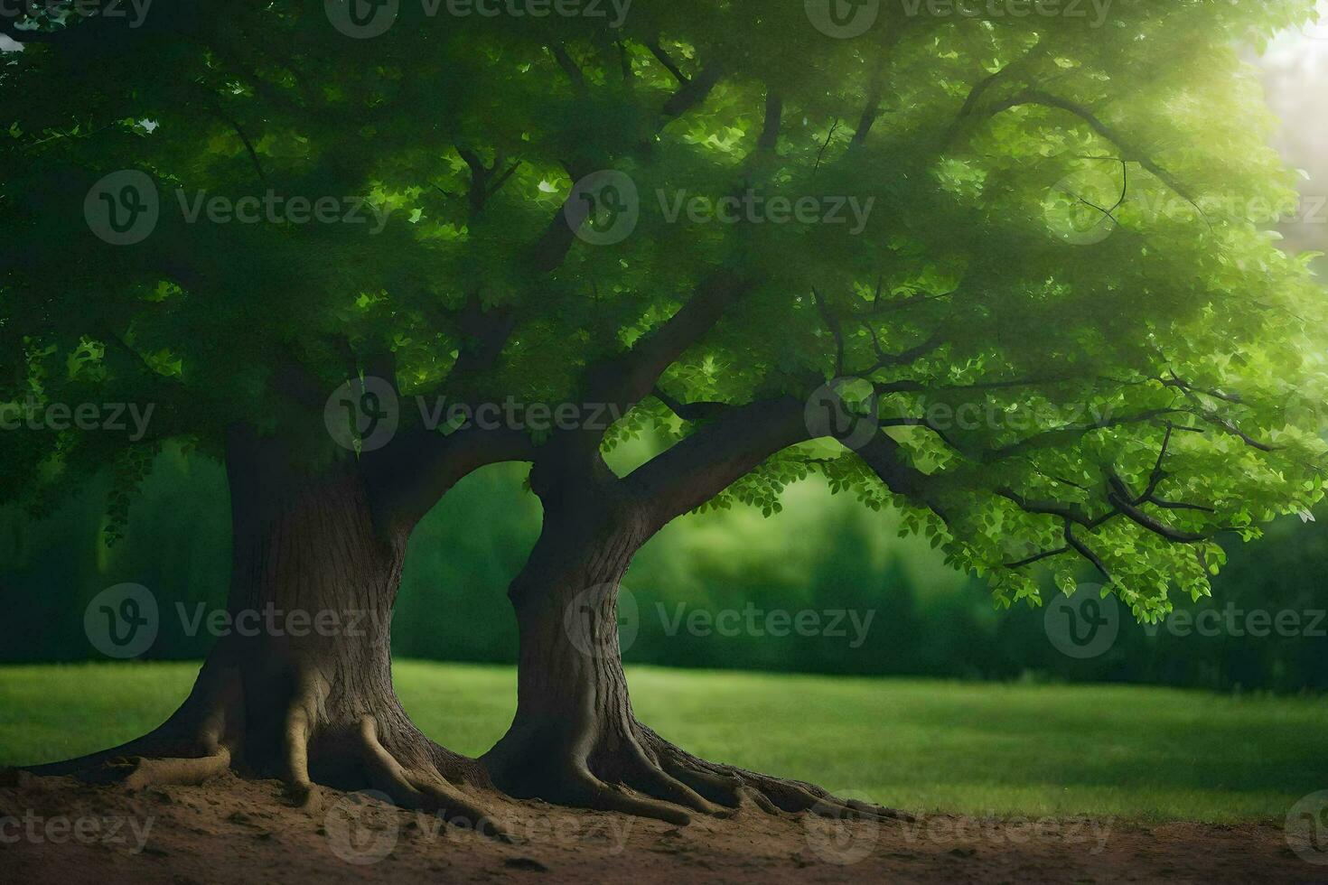 two trees in the grass with the sun shining through. AI-Generated photo
