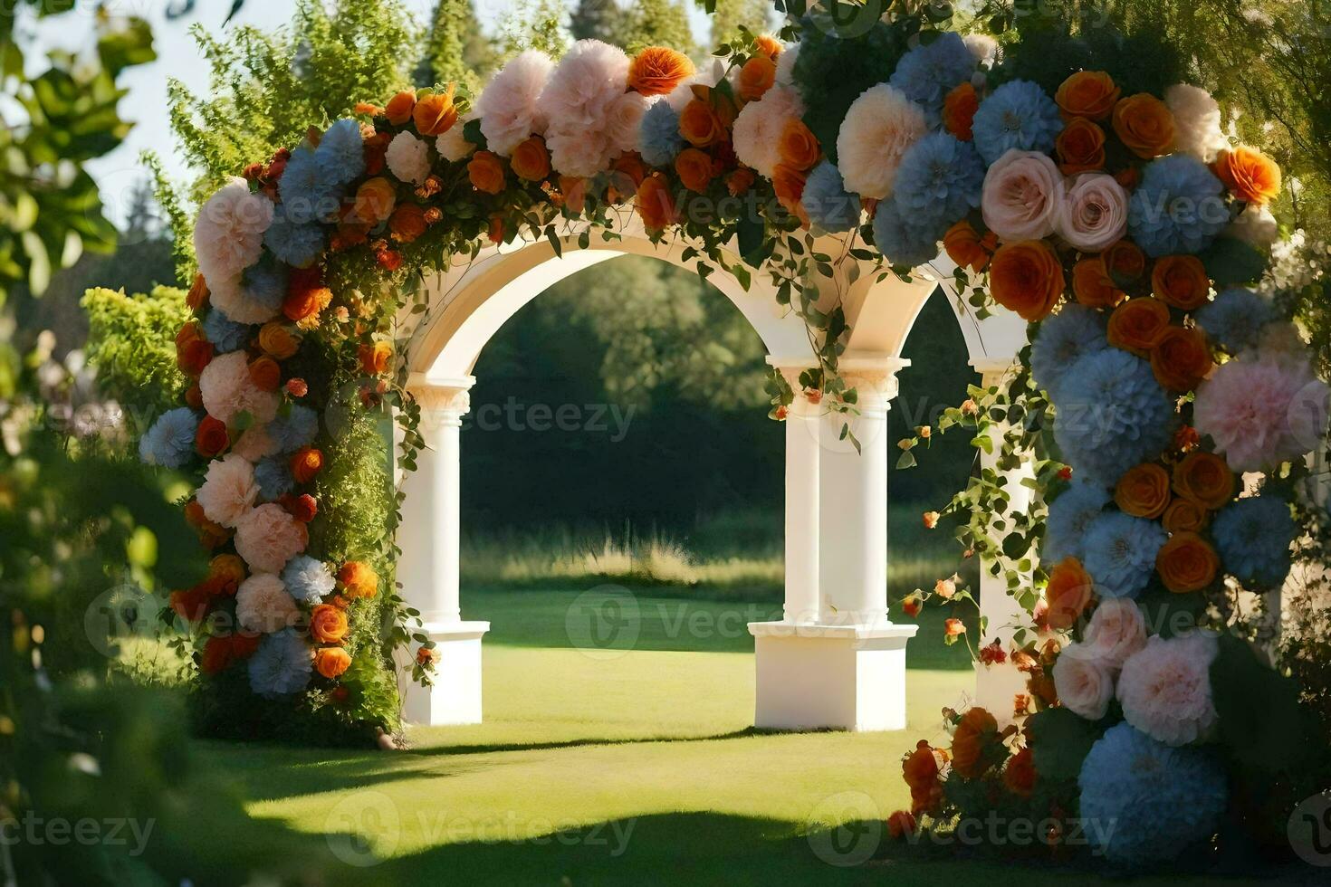 a wedding arch decorated with flowers in the grass. AI-Generated photo