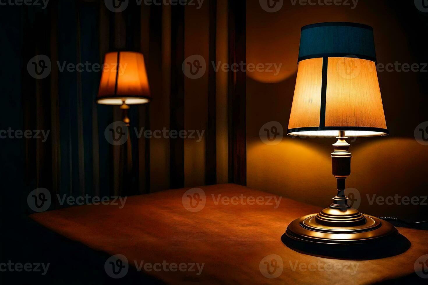 two lamps on a table in the dark. AI-Generated photo