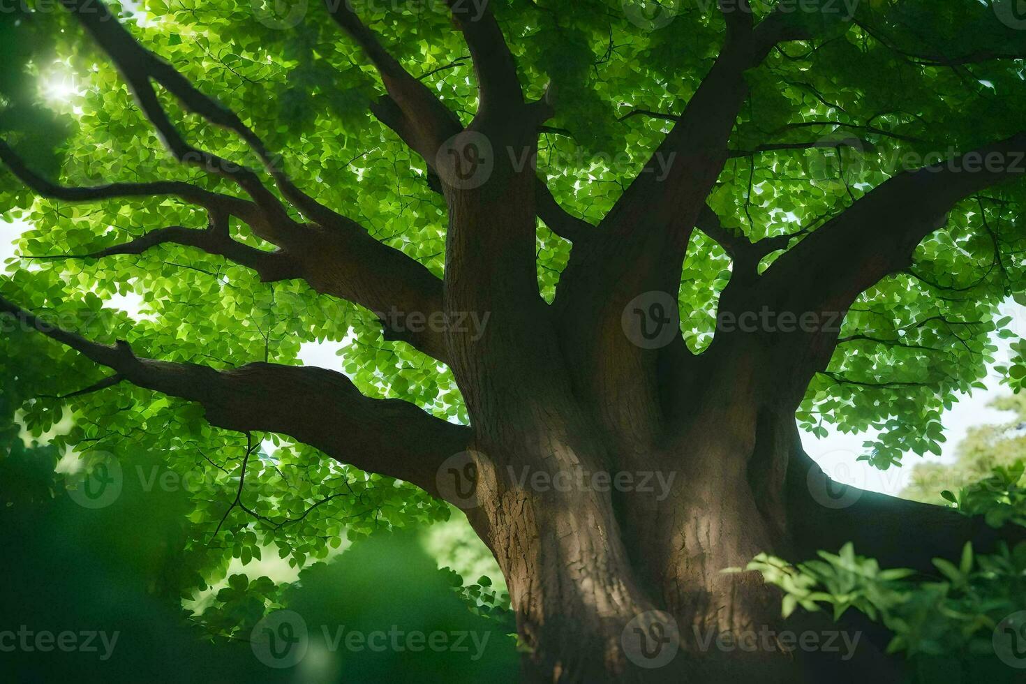 a large tree with green leaves in the sunlight. AI-Generated photo