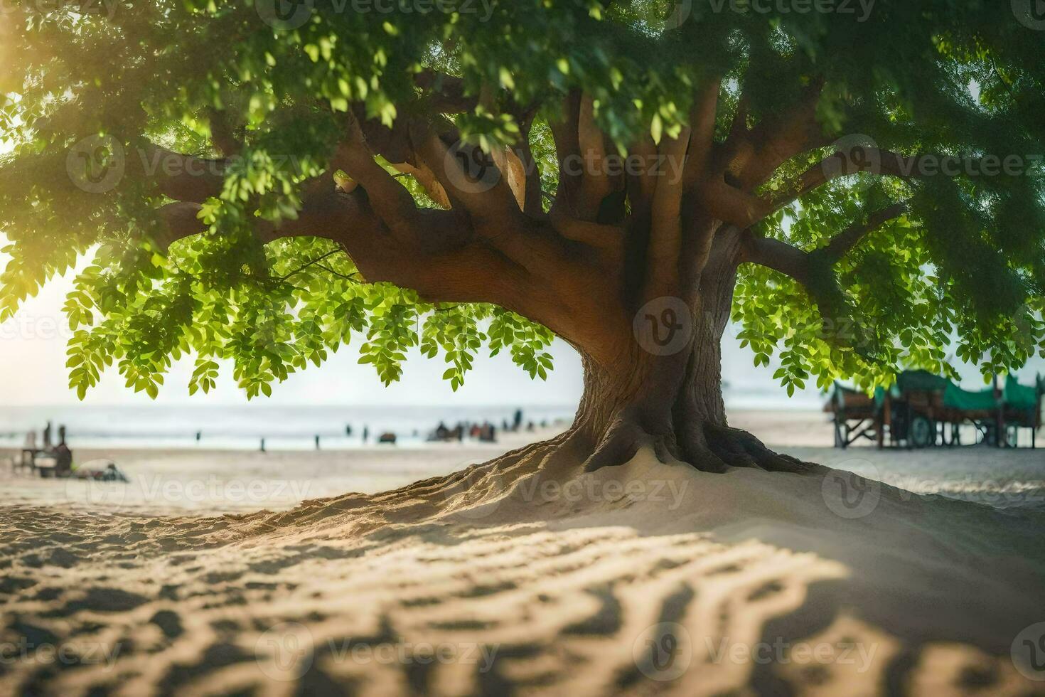 a tree on the beach with people in the background. AI-Generated photo