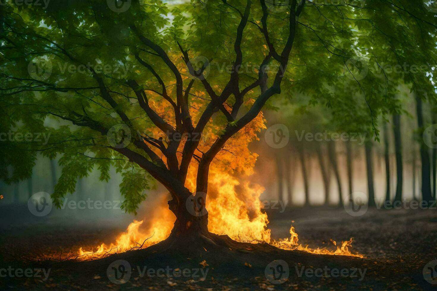 a tree is burning in the middle of a forest. AI-Generated photo