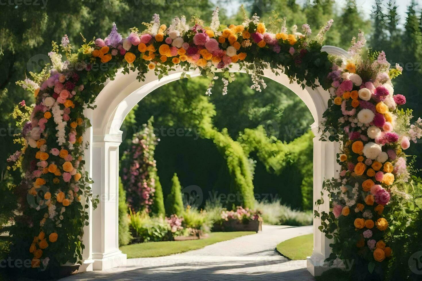 un Boda arco decorado con flores en el jardín. generado por ai foto