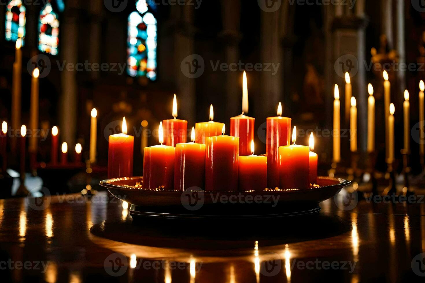 candles are lit in a church with candles. AI-Generated photo