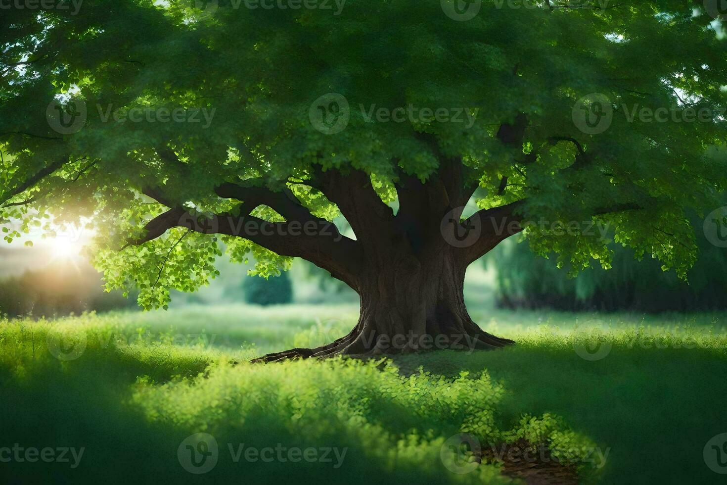 a large tree in the middle of a green field. AI-Generated photo