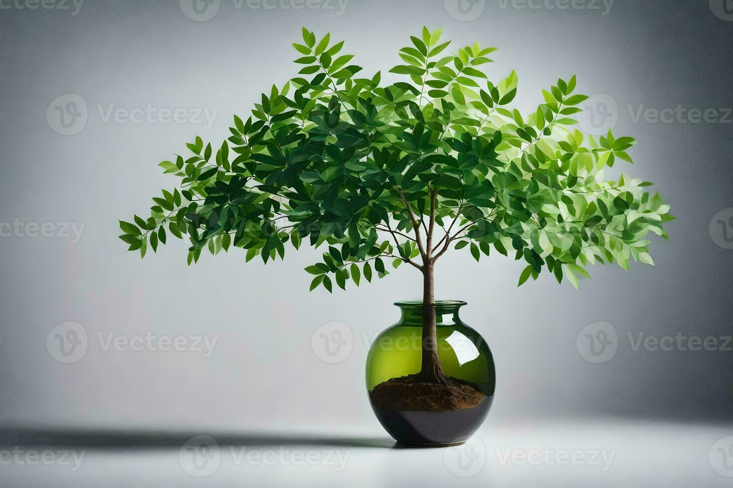 a green plant in a vase on a gray background. AI-Generated photo