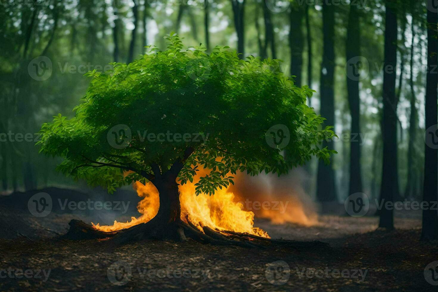a tree is burning in the middle of a forest. AI-Generated photo