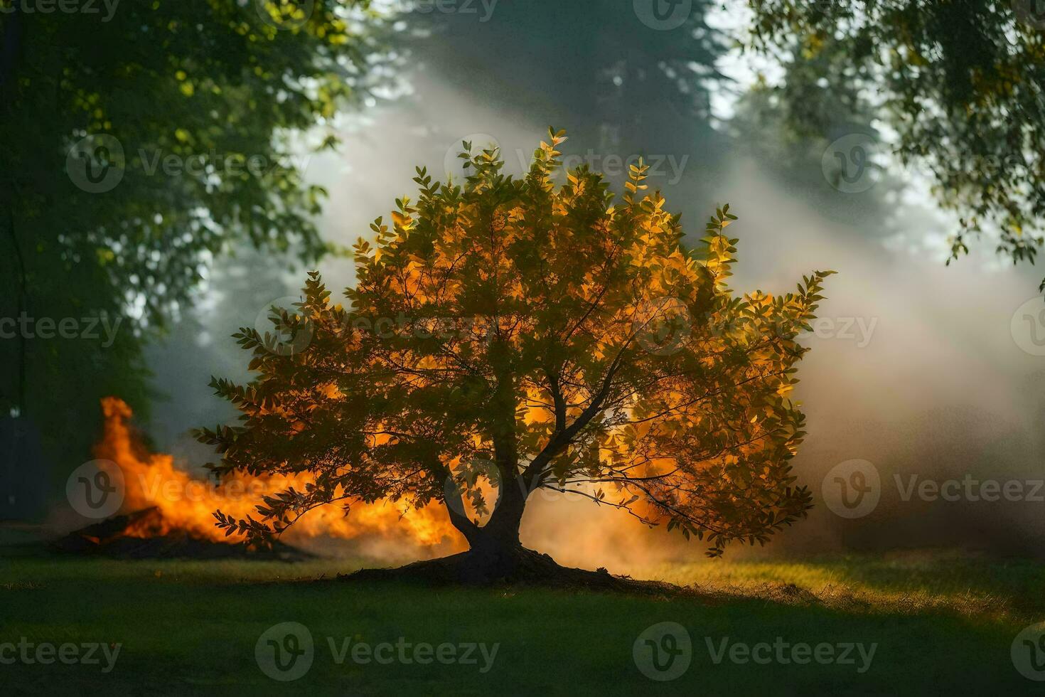 a tree with smoke coming out of it in the morning. AI-Generated photo