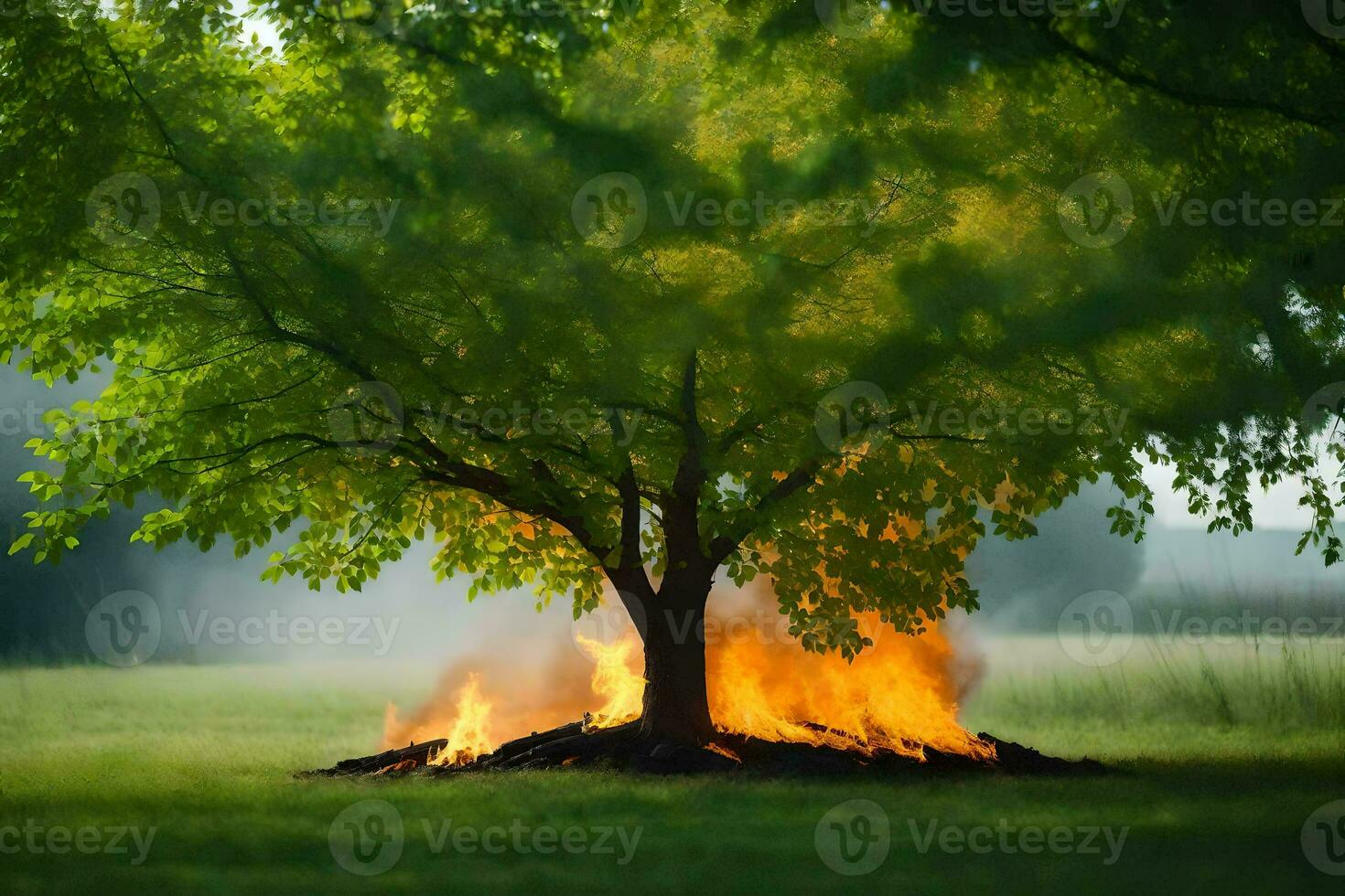 a tree is burning in the middle of a field. AI-Generated photo