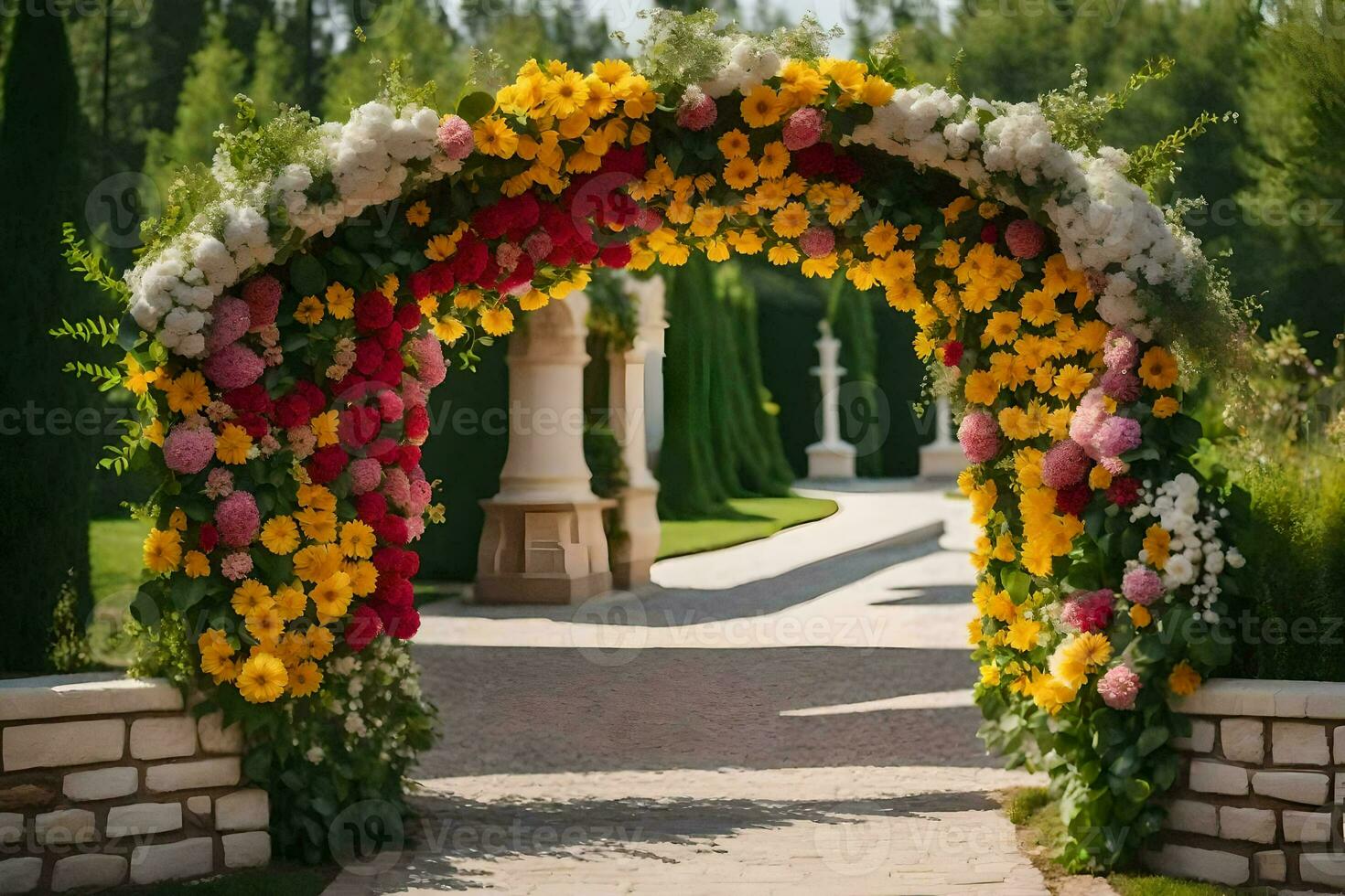 un Boda arco hecho de flores en un parque. generado por ai foto