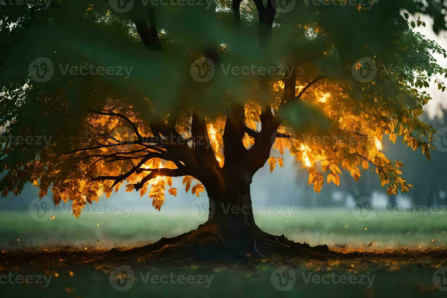 a tree with the sun shining through it. AI-Generated photo