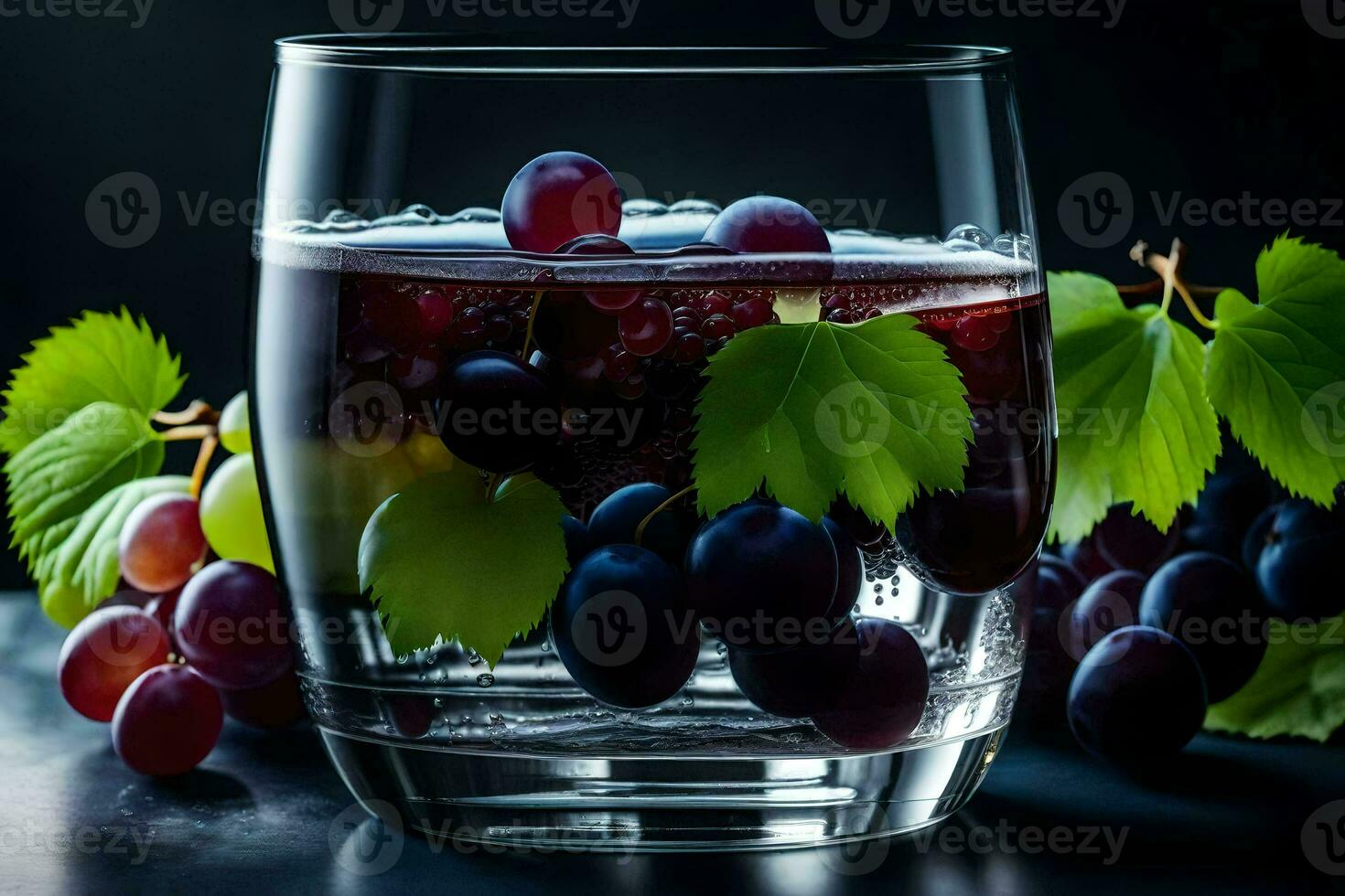 a glass of water with grapes and leaves. AI-Generated photo