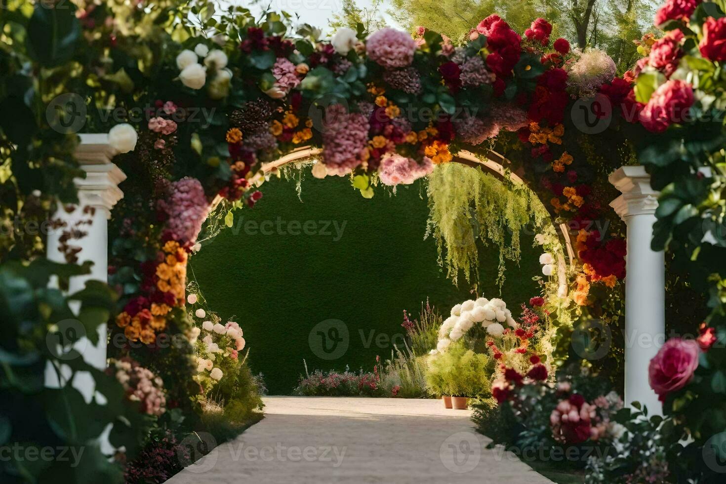 a walkway with flowers and archway leading to a garden. AI-Generated photo